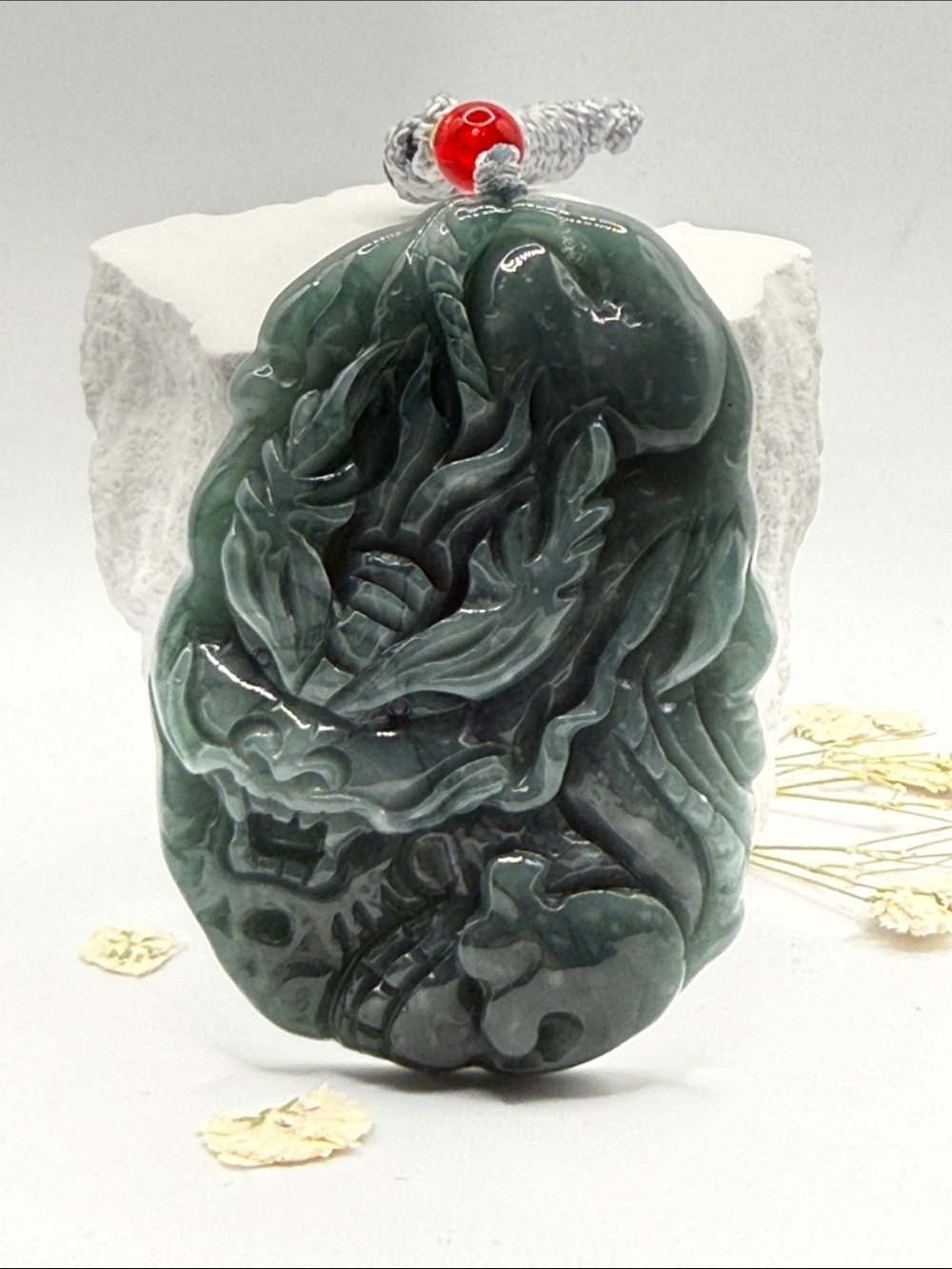 Dark Green Jade Dragon Pendant Accent
